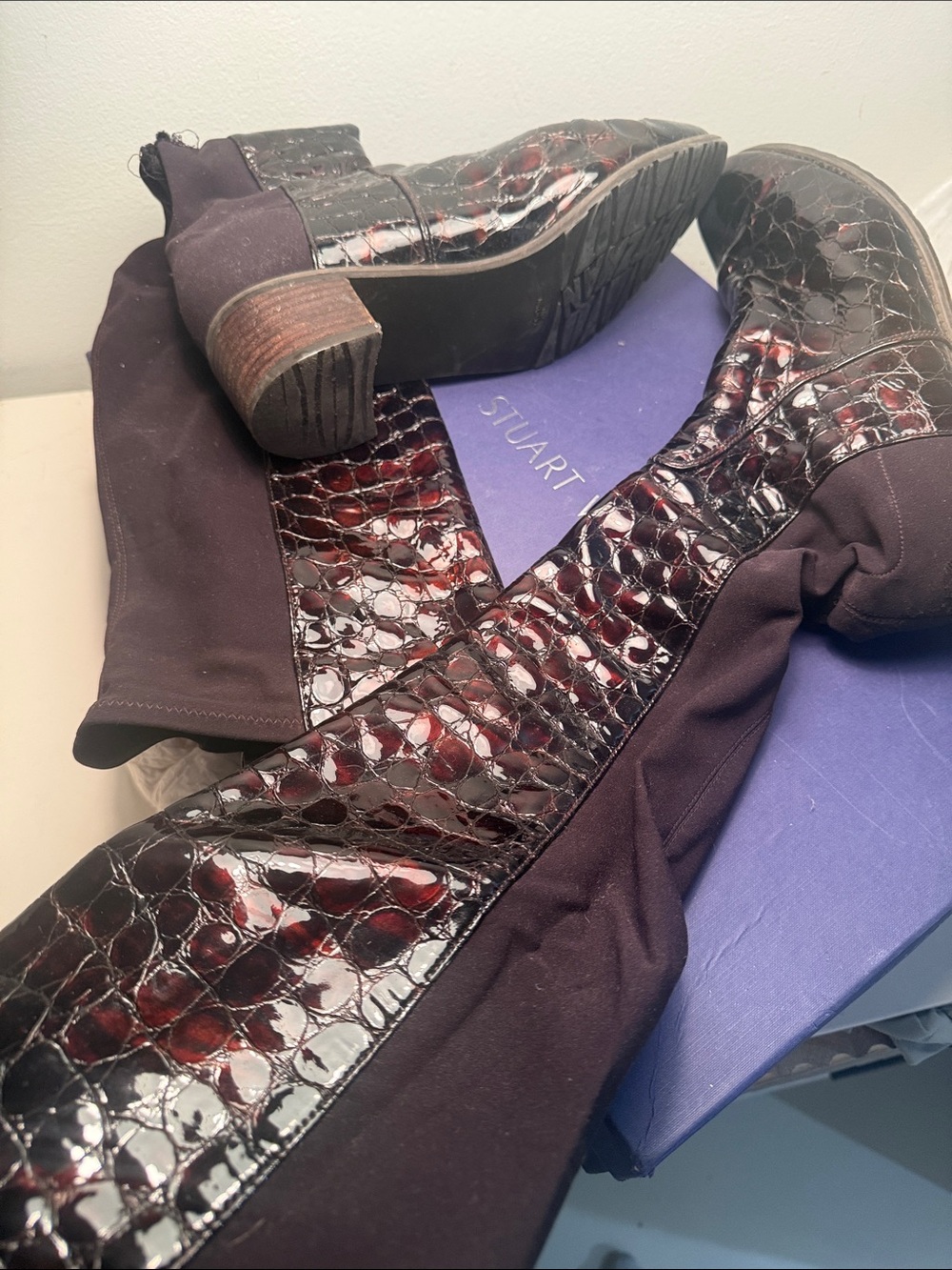 Stuart Weitzman Croc-Embossed Brown & Burgundy Boots